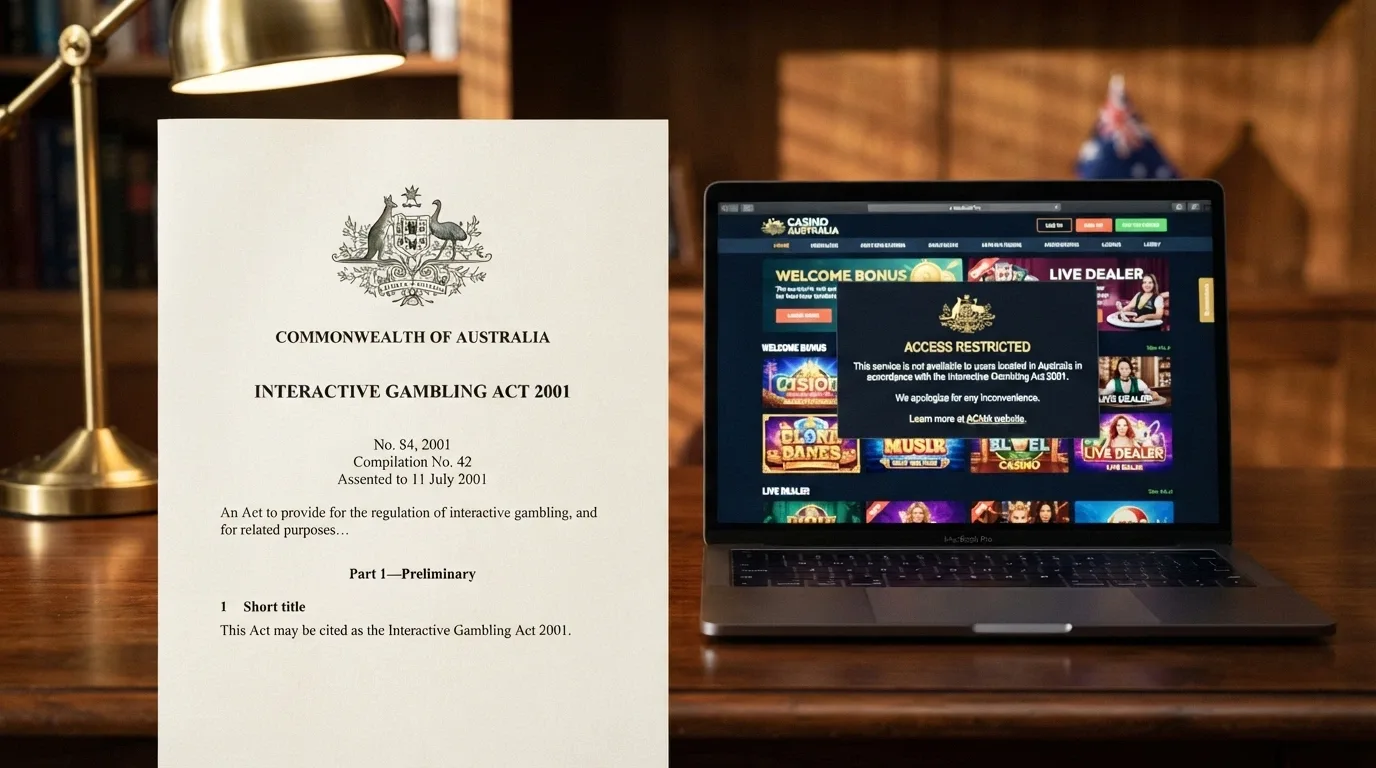 An official-looking document page with the Commonwealth Coat of Arms visible and the words “Interactive Gambling Act 2001” legible, beside a screen showing a casino lobby with a geo-blocked overlay.