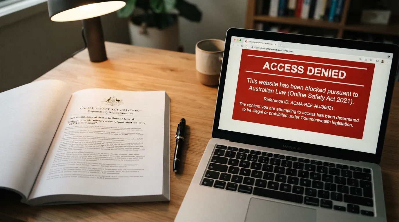 An Australian legislative document open beside a computer screen displaying a blocked-website notice from the ACMA
