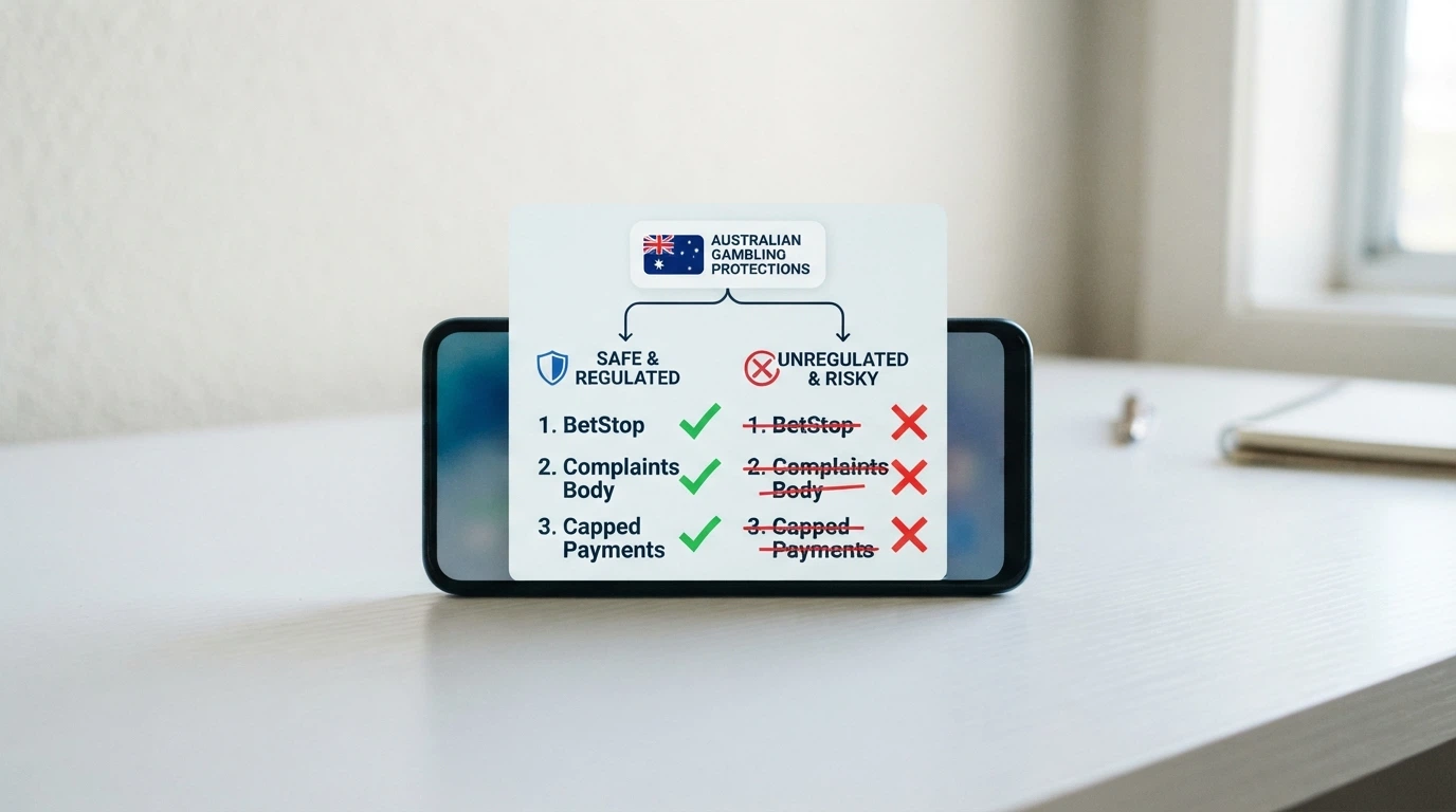 An Android phone displaying a simplified flowchart: licensed wagering protections on one branch (BetStop, complaints body, capped payment methods) and offshore pokies on the other with each protection crossed out