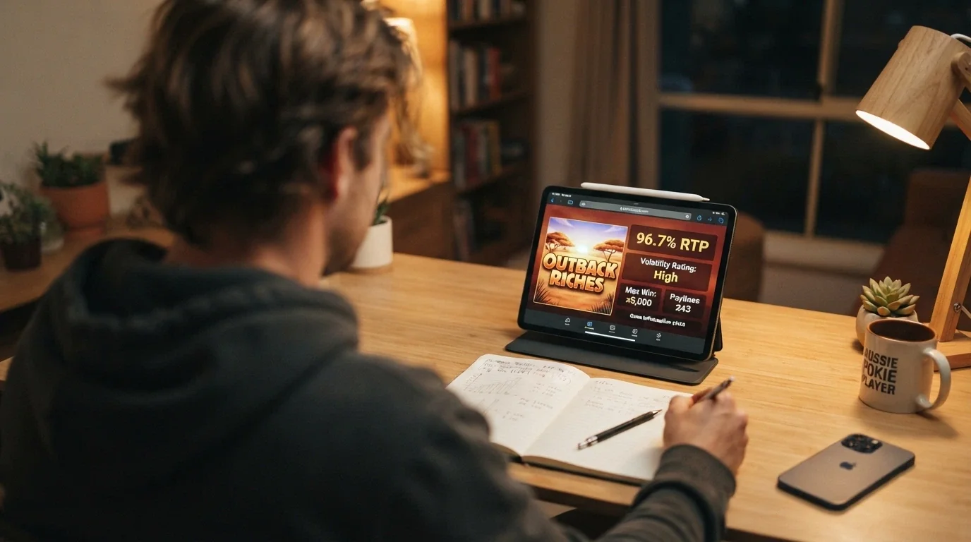 An Australian player at a desk with a tablet showing a pokie information screen, a notepad listing RTP and volatility figures, and a phone nearby