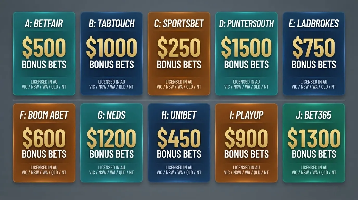 A grid of operator logo cards arranged in a comparison layout, each showing the brand name, welcome-bonus headline figure and licence jurisdiction beneath it