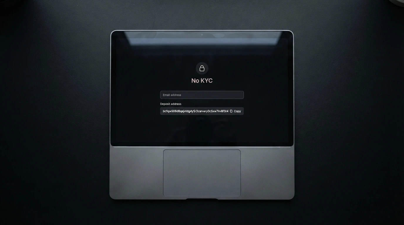 A simplified registration form showing only an email field and a BCH deposit address, with a padlock icon and the words “No KYC” above it, set against a clean dark interface