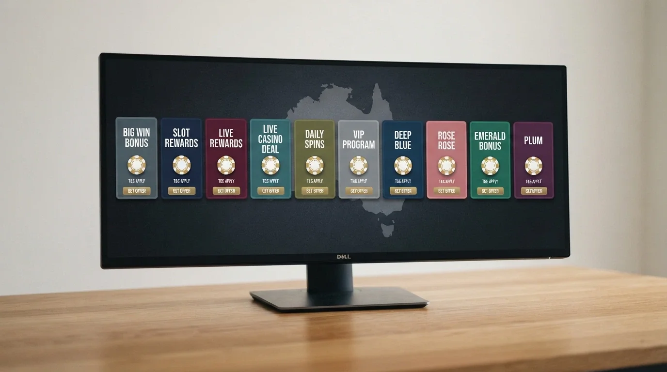 A row of ten stylised casino-brand cards arranged across a desktop view, each showing a different bonus headline, with the Australian continent outline faintly behind them