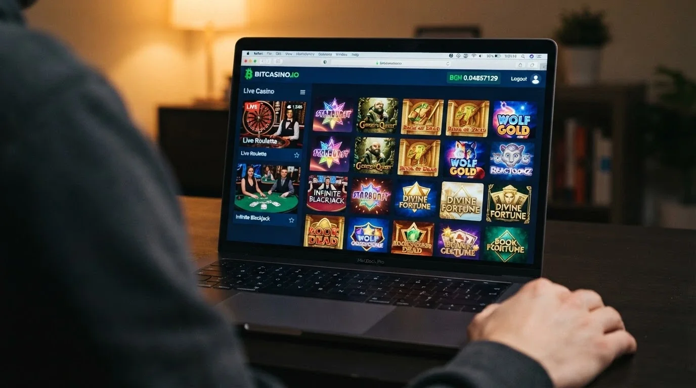 A browser window showing a casino game lobby grid with pokies thumbnails, a blackjack table, and a live-dealer roulette stream thumbnail, with a BCH balance displayed in the top bar