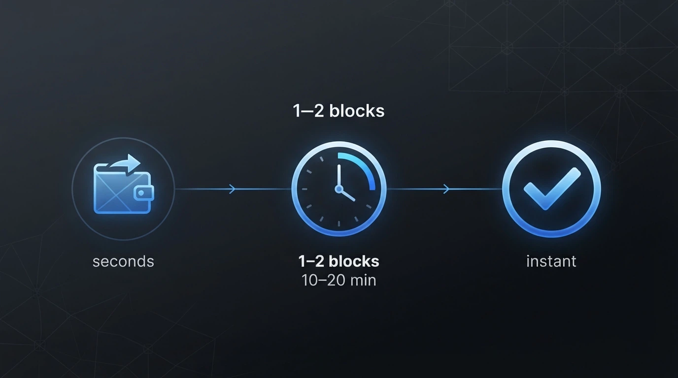 A horizontal timeline infographic showing three stages — wallet send (arrows), pending confirmations (clock icon with “1–2 blocks”), and casino credit (checkmark) — with time estimates under each