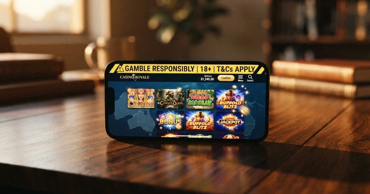 A smartphone screen displaying a casino app interface with pokies icons overlaid on a subtle outline map of Australia, with a warning-stripe banner across the top