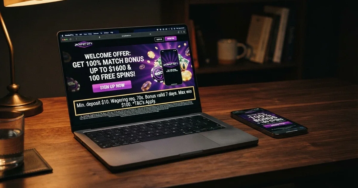 A casino welcome offer screen on a laptop beside a mobile phone, with the bonus terms highlighted