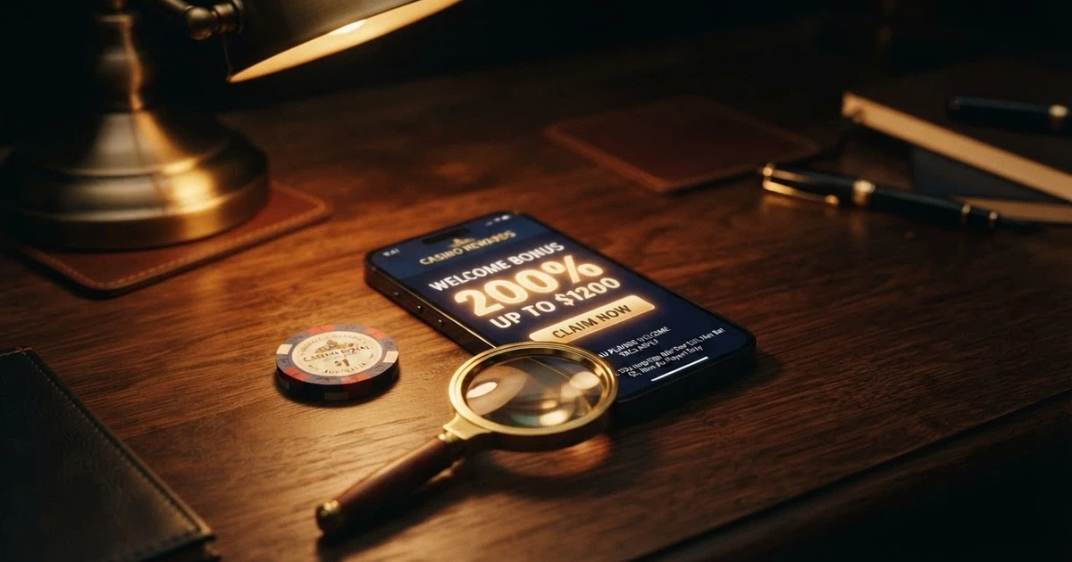 A stack of Australian dollar notes beside a smartphone showing a casino welcome-offer screen, with a magnifying glass hovering over the fine-print terms.