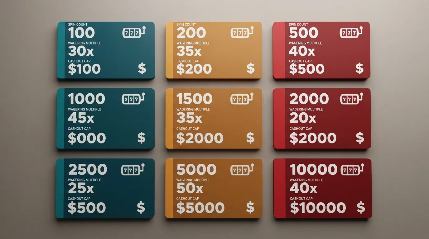A side-by-side comparison visual of operator bonus cards showing different spin counts, wagering figures and cashout caps in a grid layout
