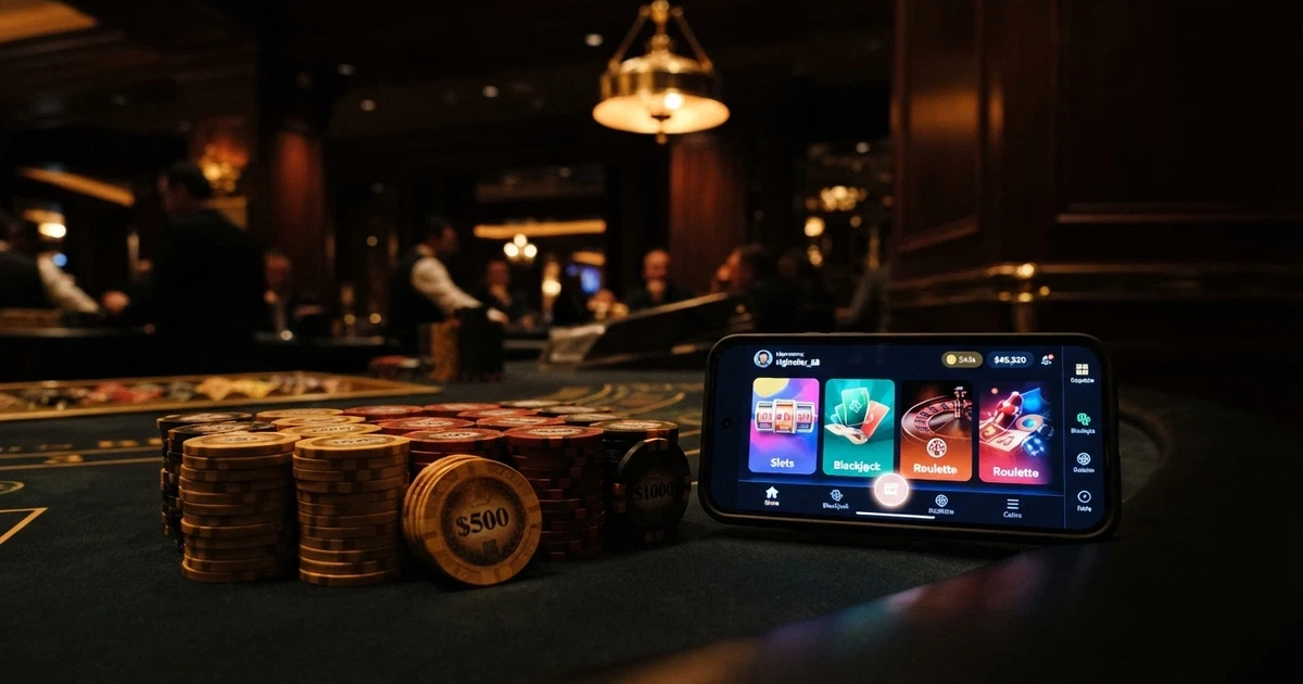 A high-stakes casino table with stacked chips and a smartphone displaying an online casino lobby, set against a dark luxury backdrop