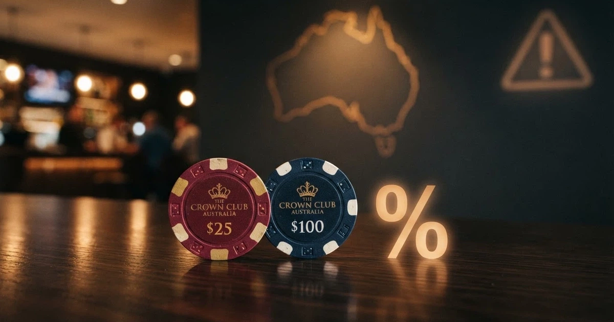 A comparison-style graphic showing casino chips and a cashback percentage symbol over an Australian-themed backdrop, with a muted regulatory warning overlay