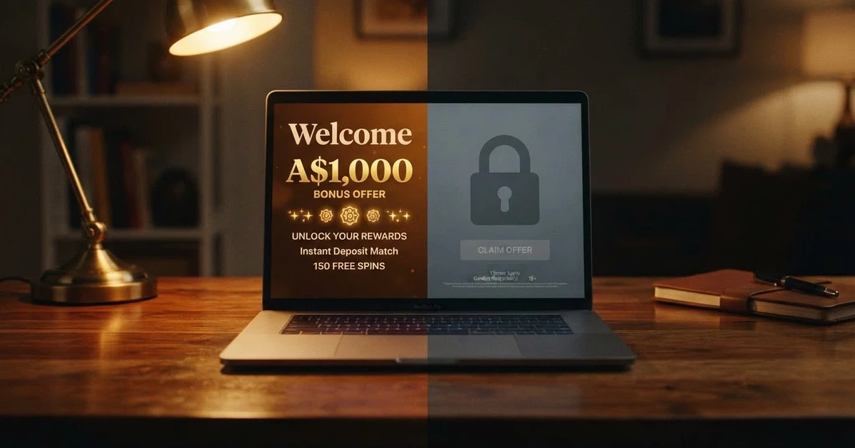 A split-screen composition: one side shows a bright casino welcome bonus advert with a large dollar figure, the other side shows the same screen greyed out with a padlock icon and Australian legal text overlaid
