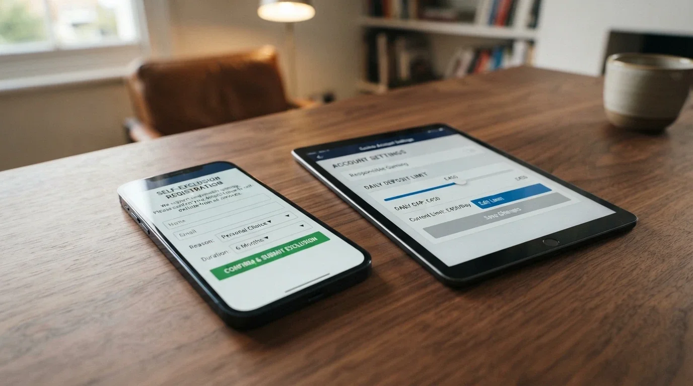 A smartphone screen showing the BetStop registration page and a separate casino account screen with deposit-limit controls, side by side on a wooden table