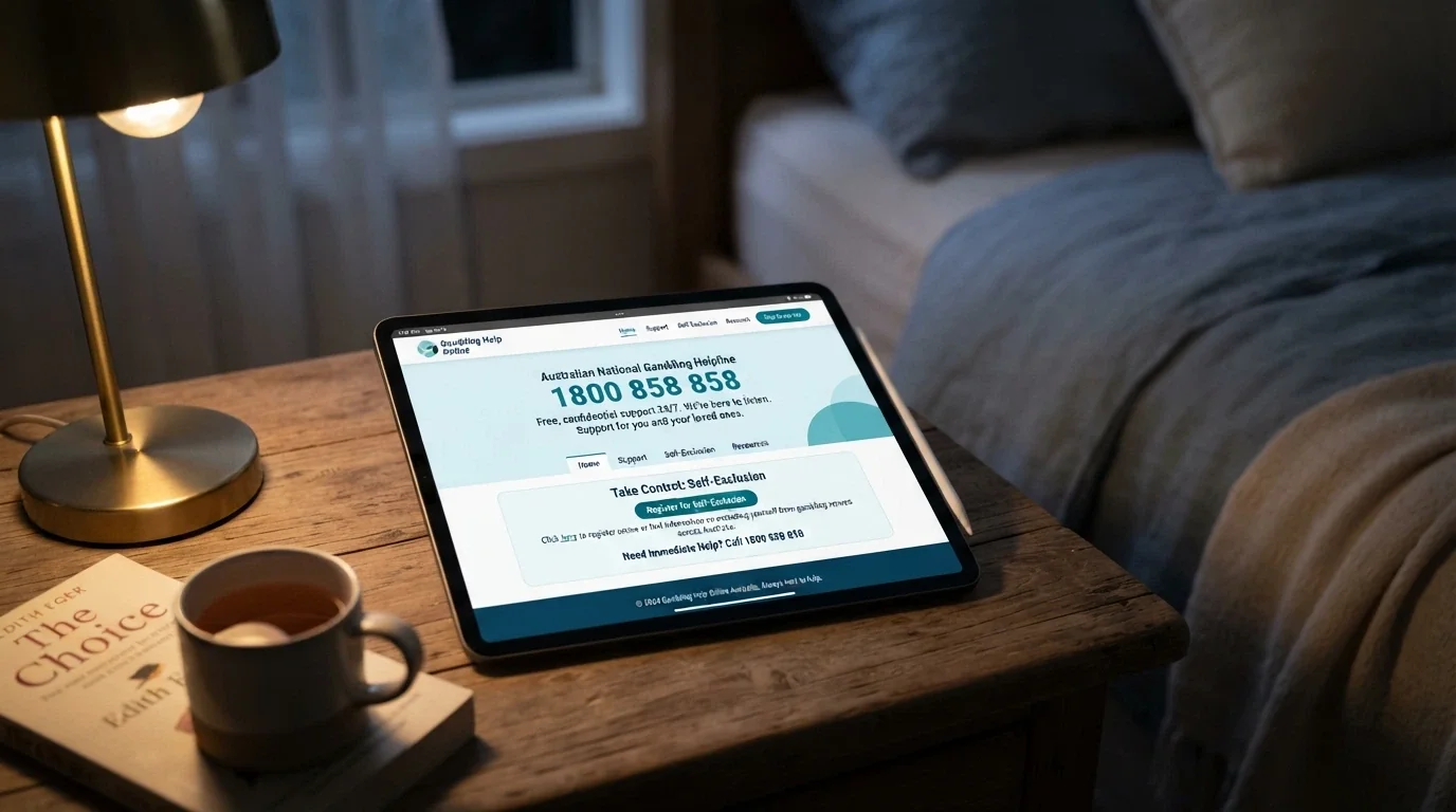 An iPad displaying the Gambling Help Online homepage with the 1800 858 858 helpline number and BetStop registration details visible