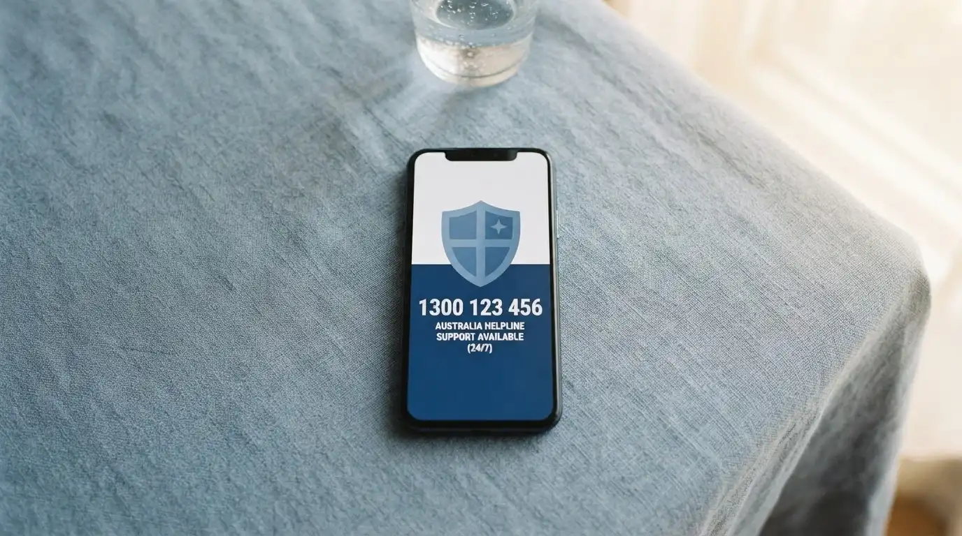 A phone screen displaying the BetStop logo and the National Gambling Helpline number 1800 858 858 against a calm blue background