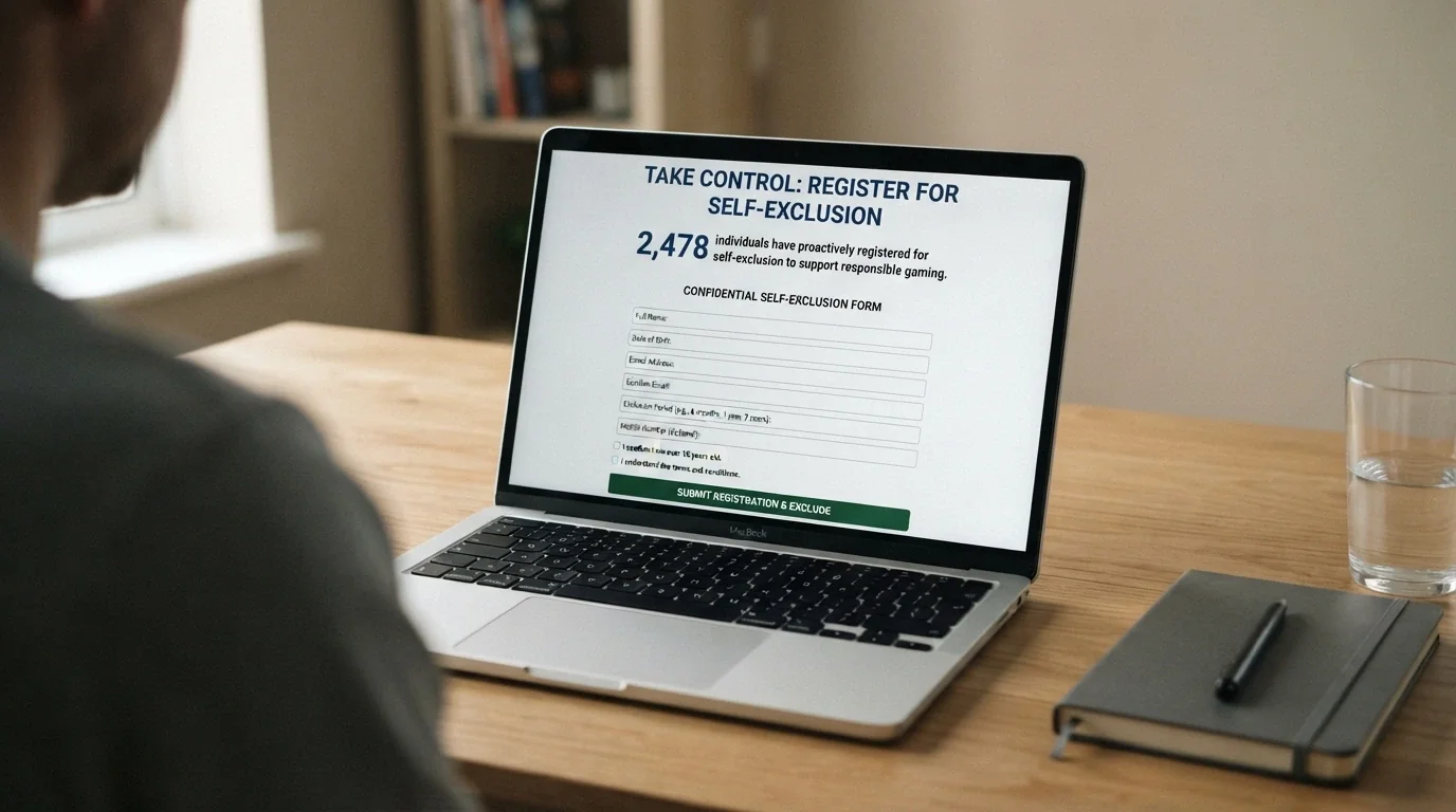 The BetStop National Self-Exclusion Register landing page on a laptop screen, with the registration count visible
