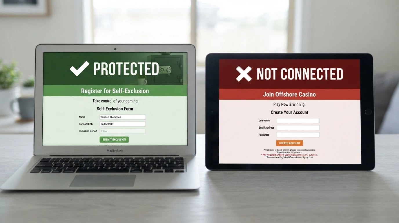 A split composition: on the left a BetStop registration screen with a green tick and the word “Protected”; on the right an offshore casino signup form with a red cross and the words “Not Connected”
