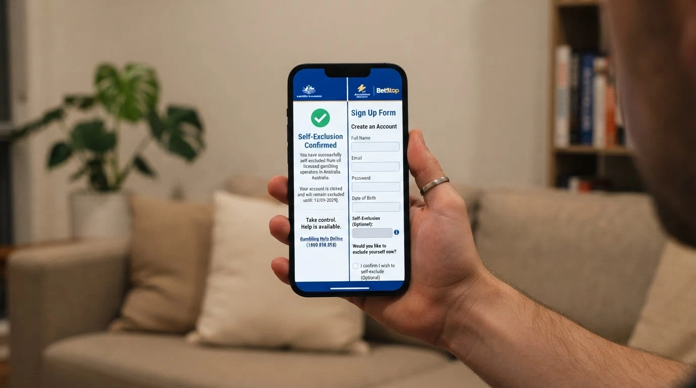 A smartphone screen split vertically: the left half showing the BetStop registration confirmation page, the right half showing an offshore casino sign-up form with no self-exclusion field.