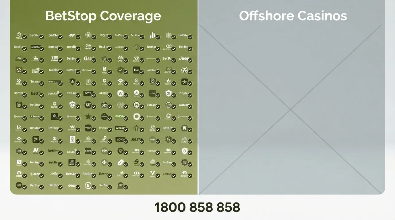 A split visual showing BetStop's coverage of ~150 licensed wagering providers on one side and an empty offshore-casino column on the other, with the National Gambling Helpline number prominent
