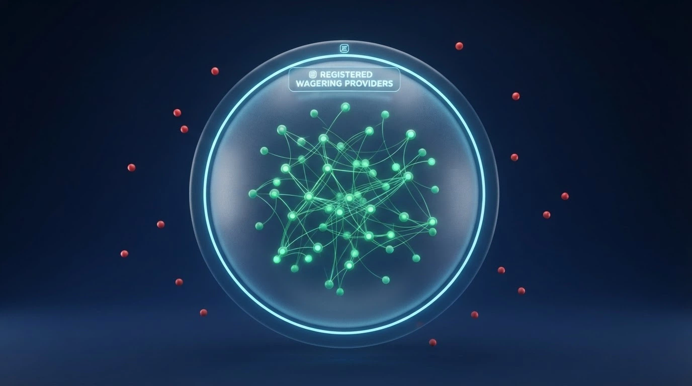 A diagram showing BetStop's coverage boundary: licensed AU wagering providers inside, offshore casinos outside