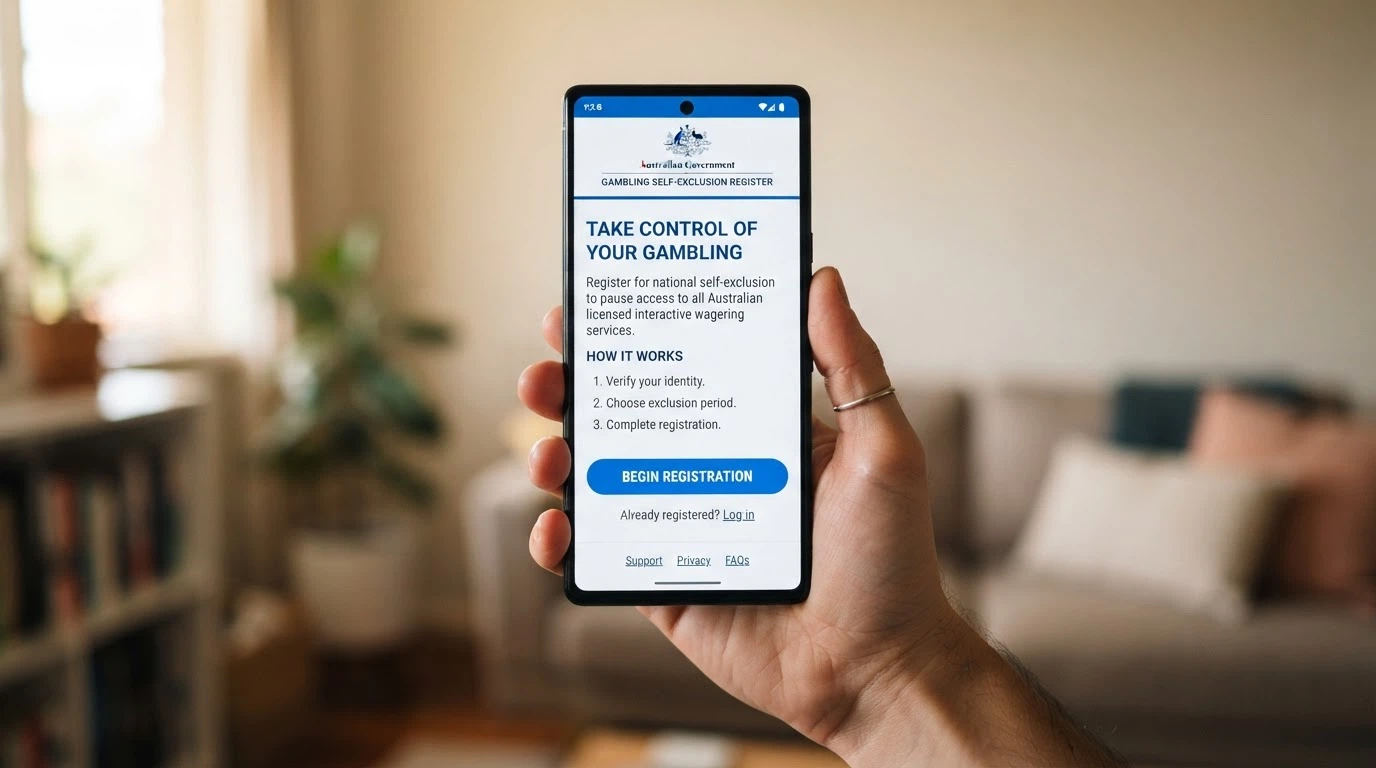 A phone screen showing the BetStop.gov.au landing page with the registration button visible