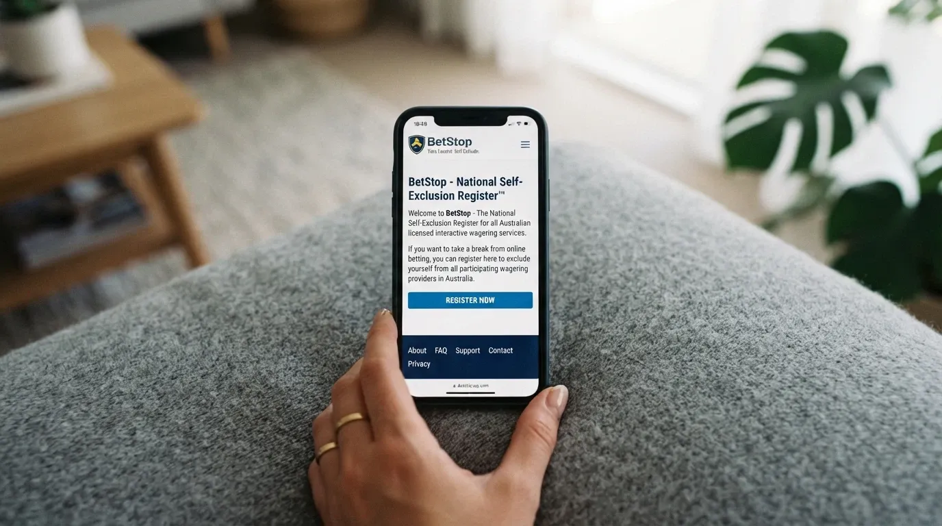 The BetStop National Self-Exclusion Register homepage displayed on a smartphone held in a hand