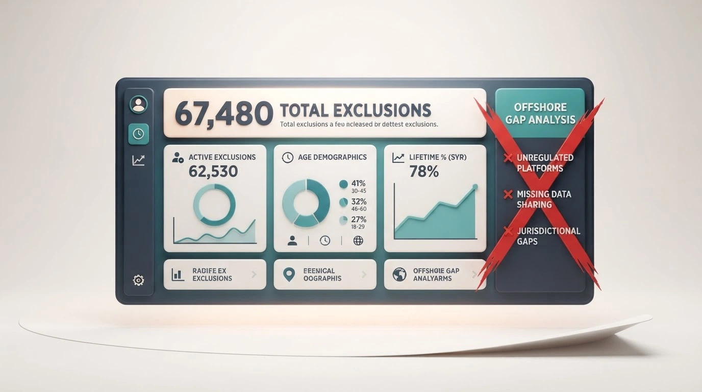 A dashboard-style infographic: 67,480 registrations, 41,290 active, 78% under 40, 38% lifetime — with a red cross through the offshore-casino column