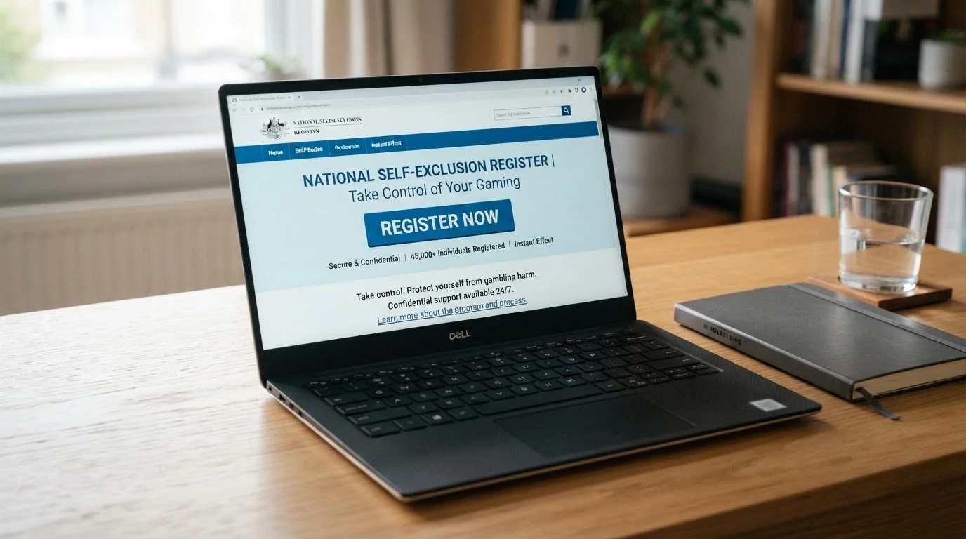 The BetStop National Self-Exclusion Register homepage on a laptop screen, with the registration button and key statistics visible