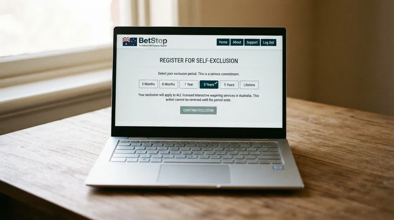 A simplified view of the BetStop online registration interface on a laptop screen, the exclusion-period options (3 months to lifetime) visible, an Australian government crest at the top