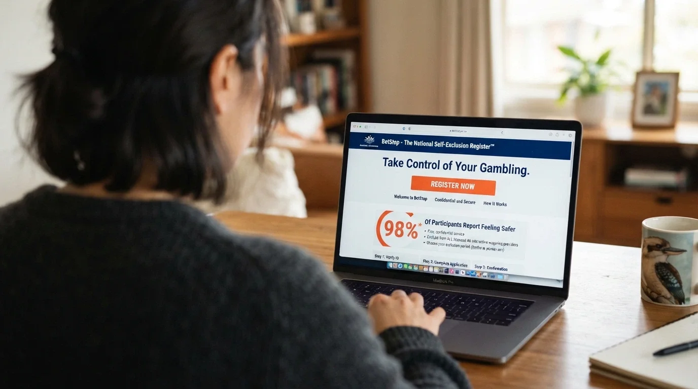 The BetStop National Self-Exclusion Register registration landing page, showing the “Register Now” button and the key statistics — 59,830 registrations highlighted