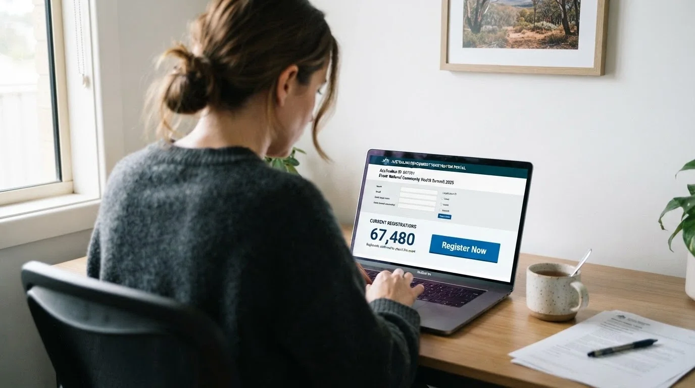 A laptop screen showing a government register interface with a prominent “Register for BetStop” button and the number “67,480” displayed as a live counter