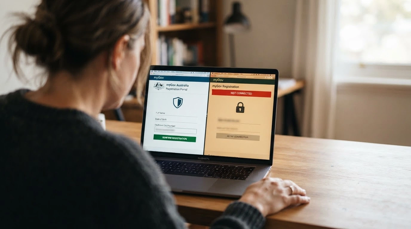 A split image: left side shows a person clicking “Register” on the BetStop.gov.au page, right side shows the same action on an offshore casino site with a red “Not Connected” warning overlaid
