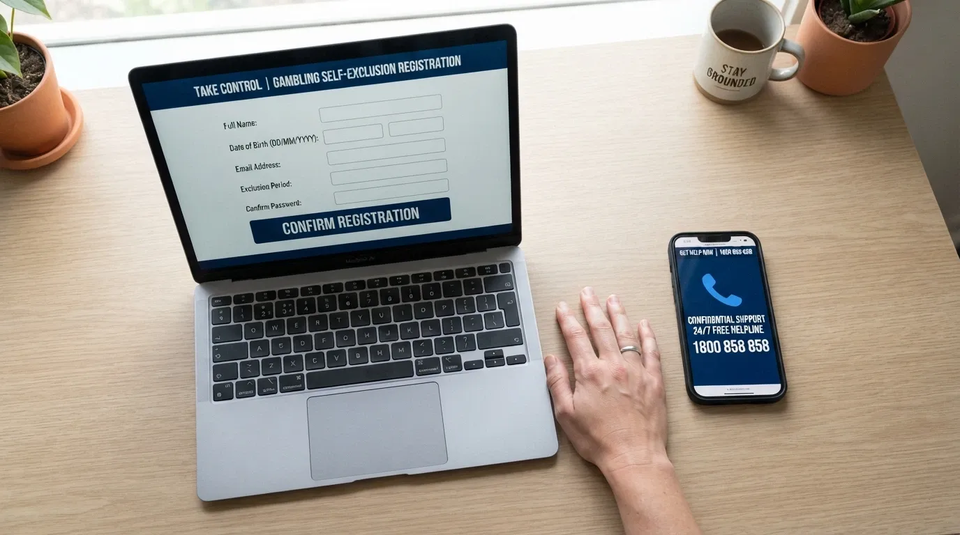 A laptop showing the BetStop National Self-Exclusion Register homepage next to a phone displaying the 1800 858 858 Gambling Helpline number