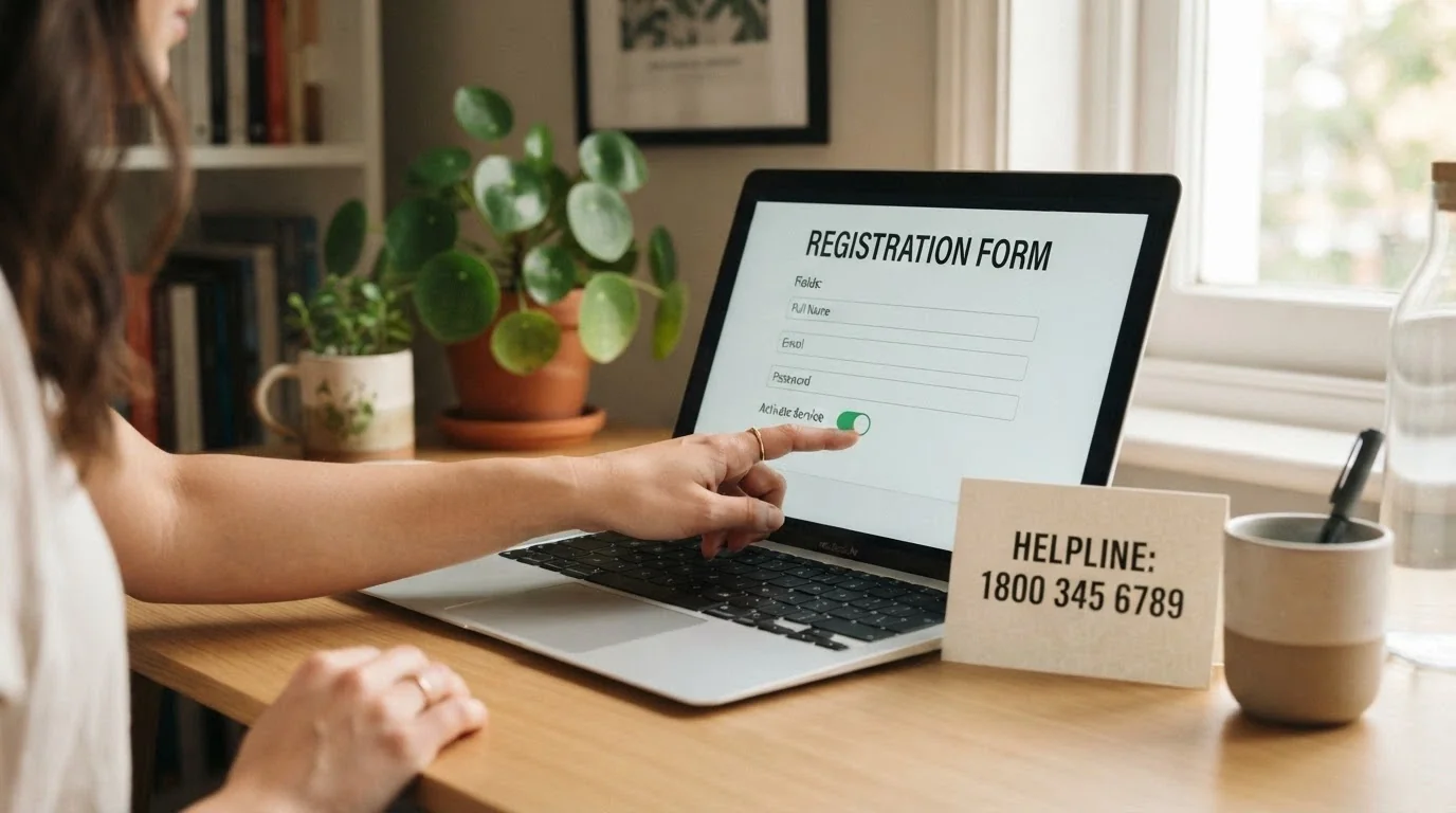 A BetStop registration screen on a laptop beside a crossed-out offshore casino logo, with a helpline number 1800 858 858 visible