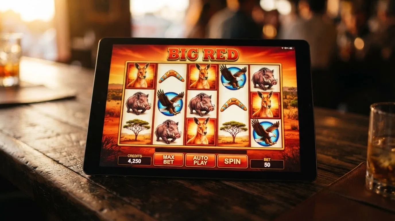 The Big Red pokie reels showing kangaroo and outback symbols against an Australian-red-desert backdrop