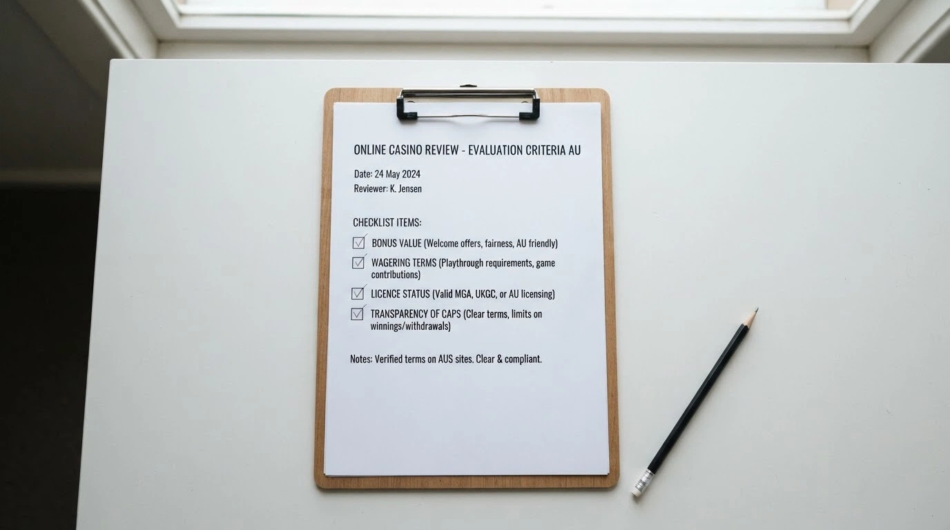 A clipboard or checklist on a desk with items marked: bonus value, wagering terms, licence status, and transparency of caps