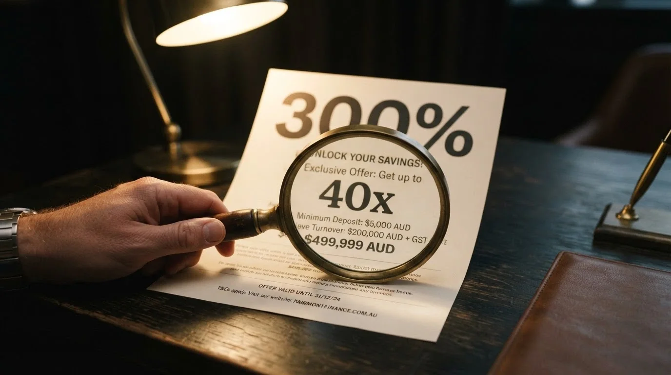 A casino welcome-bonus advertisement with a bold “300% up to $11,000” headline and a magnifying glass hovering over the fine print revealing the 40x wagering requirement and the total turnover figure