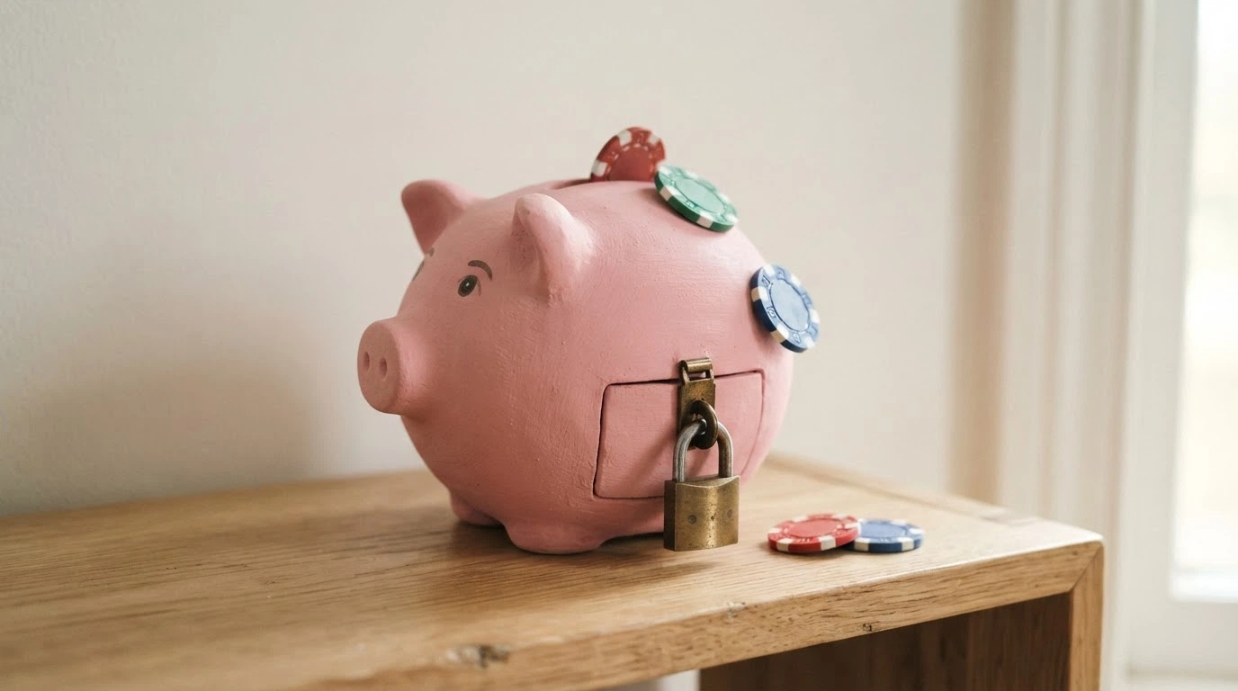 A piggy bank with a few coins spilling from a small opening at the top while a padlock holds a larger compartment shut beneath it