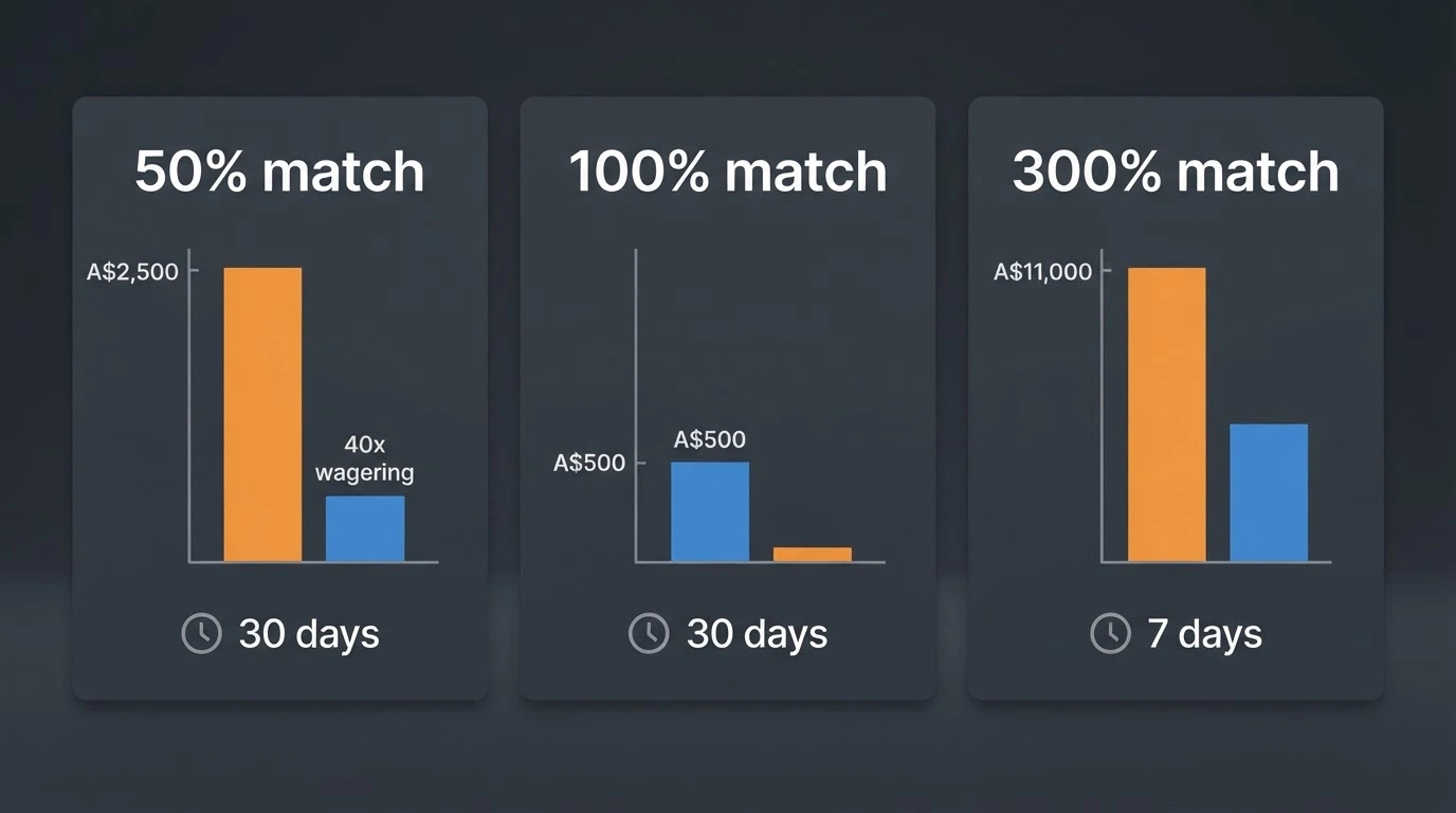 A split-screen comparison of three bonus offer cards showing different match percentages, wagering multipliers and expiry dates side by side