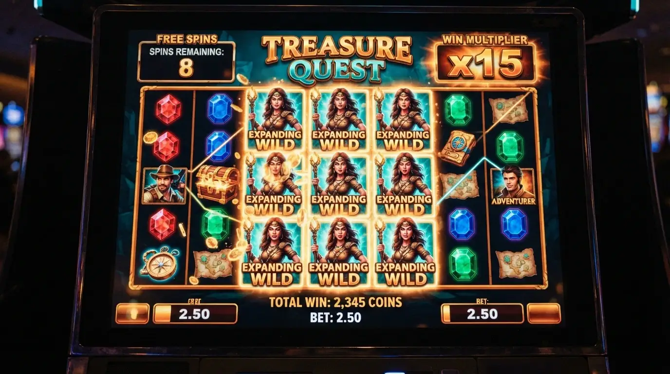 A 5-reel pokie screen mid-bonus round, showing free-spins remaining, expanding wild symbols and a growing win counter