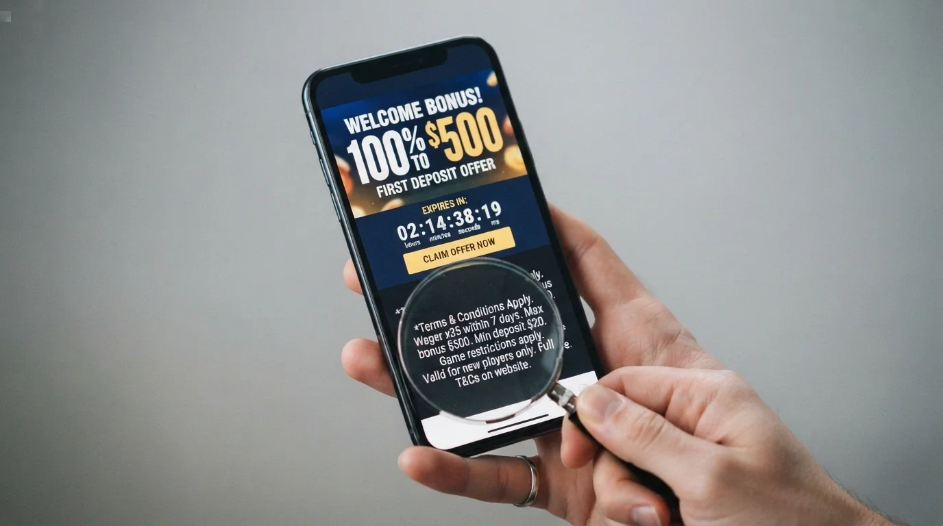 A welcome-bonus banner on a phone screen with a magnifying glass overlay highlighting the wagering requirement in the fine print