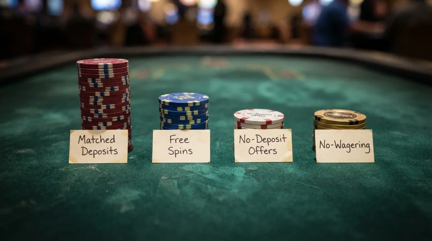 Four labelled stacks of poker chips at different heights, each representing a bonus type — matched deposit, free spins, no-deposit, no-wagering