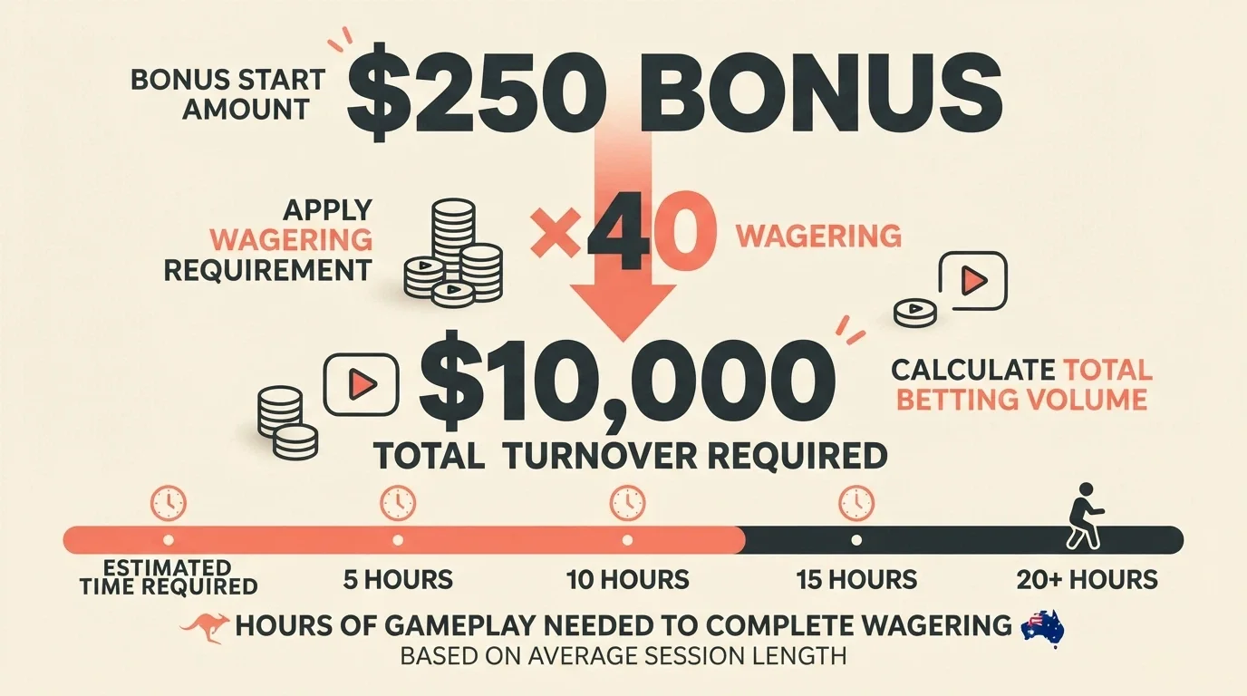 A visual breakdown of a A$1,200 welcome bonus being reduced by a 40× wagering requirement to show the real turnover