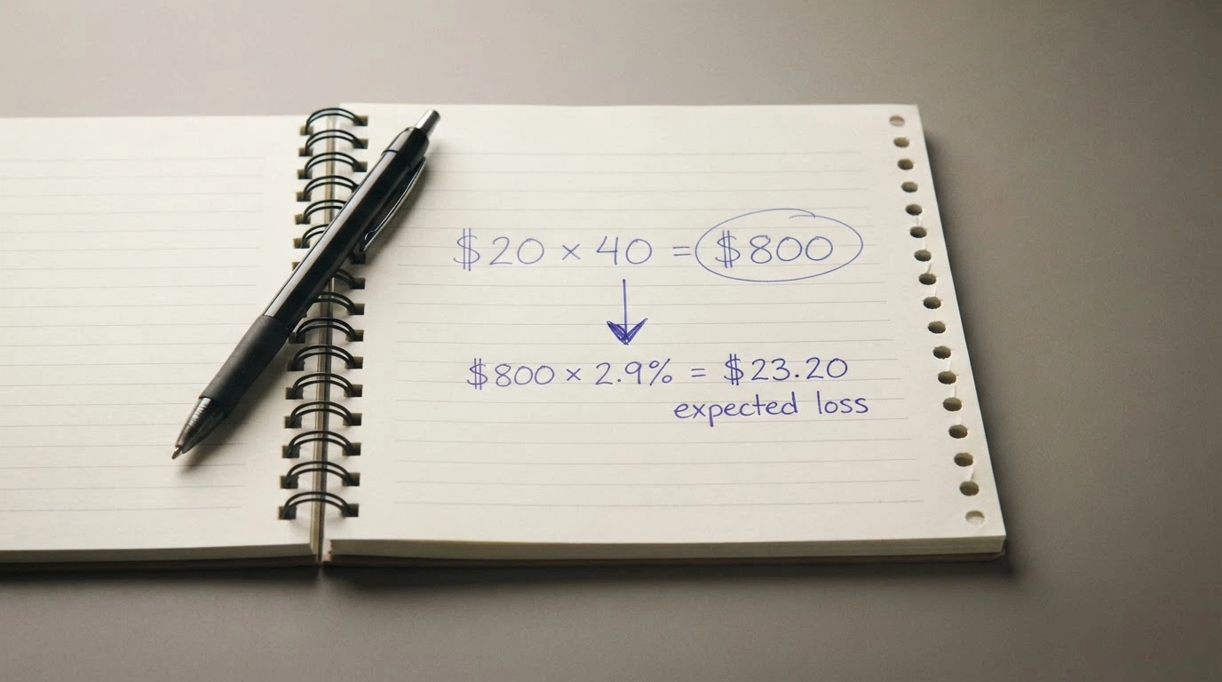 A notepad with handwritten arithmetic — “$20 × 40 = $800” circled, with an arrow pointing to “$800 × 2.9% = $23.20 expected loss” written below
