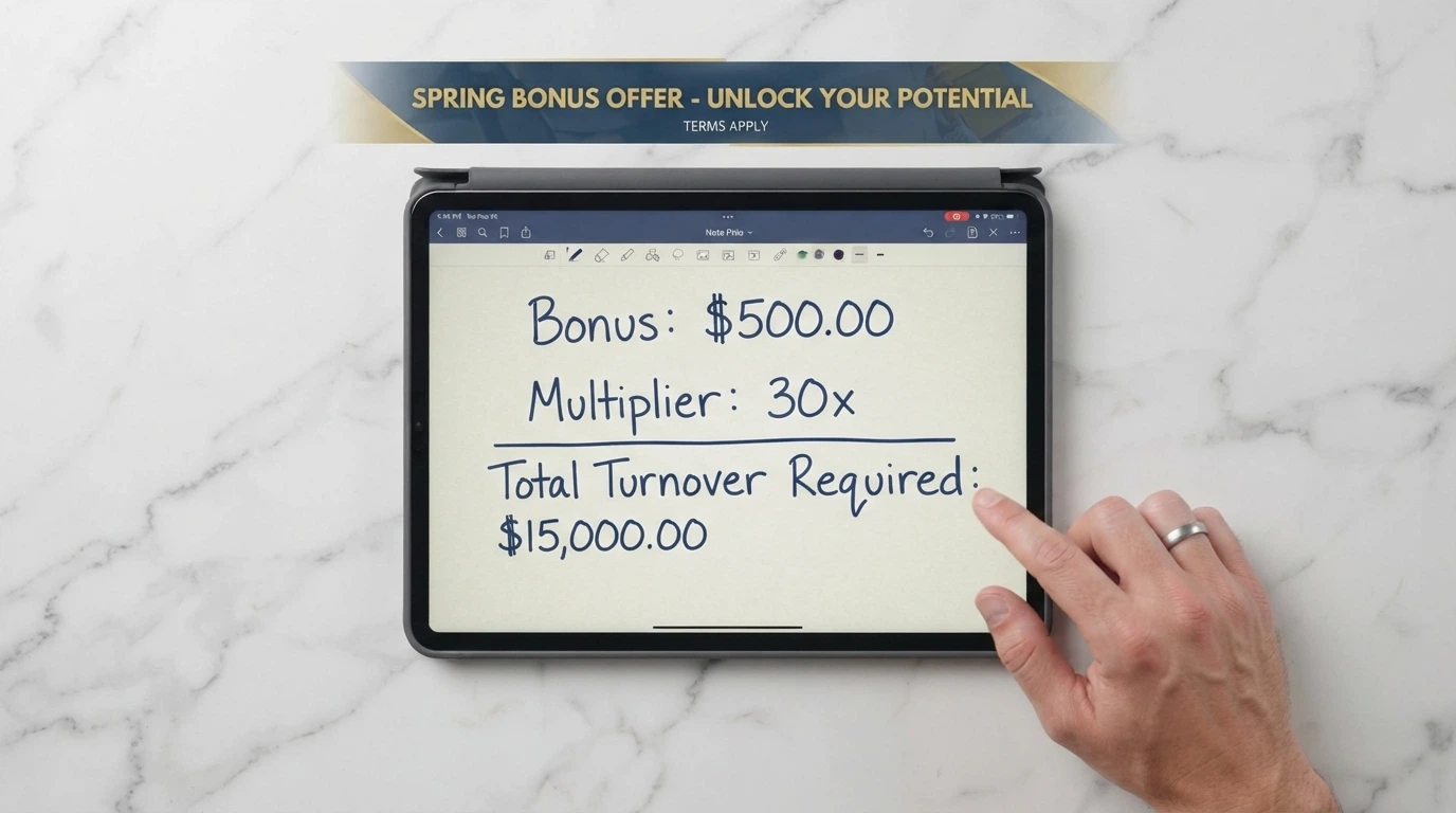 An iPad displaying a stylised notepad with bonus arithmetic — $500 bonus, 40× wagering, $20,000 turnover — alongside casino bonus advertising copy