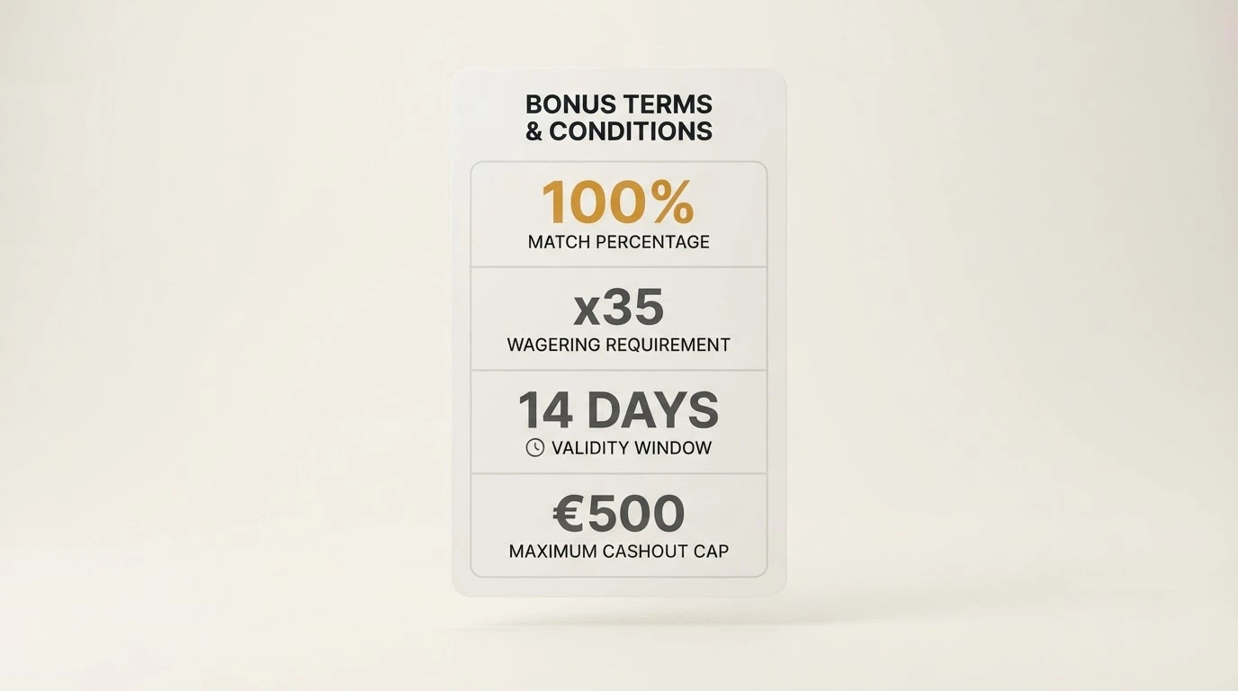 A welcome-bonus terms panel showing match percentage, wagering multiple, validity window and max cashout