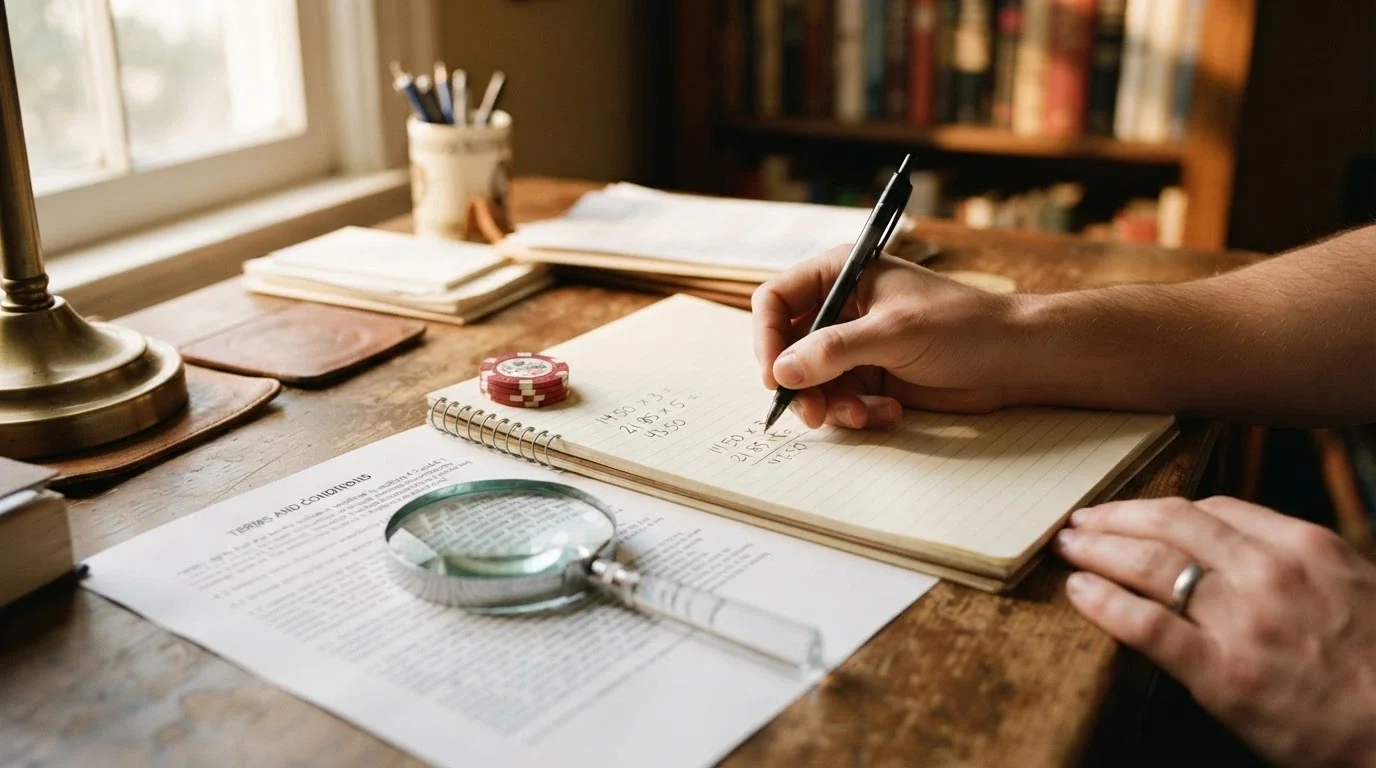 Calculator and magnifying glass over bonus terms and conditions text