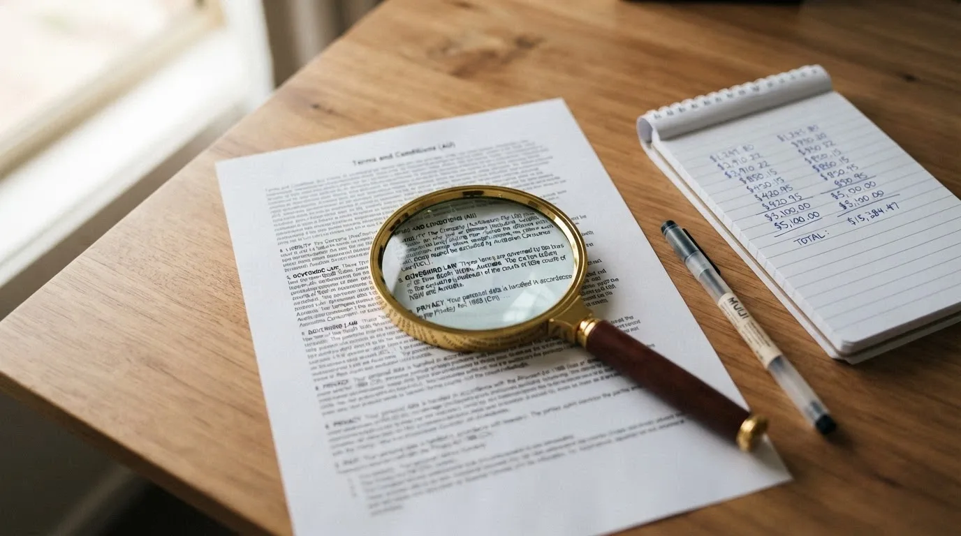 A magnifying glass over dense casino bonus terms and conditions text with a calculator beside it