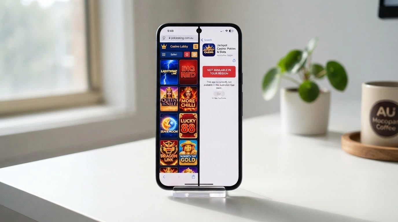 A split-screen smartphone showing a casino open in a mobile browser on the left and an app-store listing with “Not available in your region” on the right