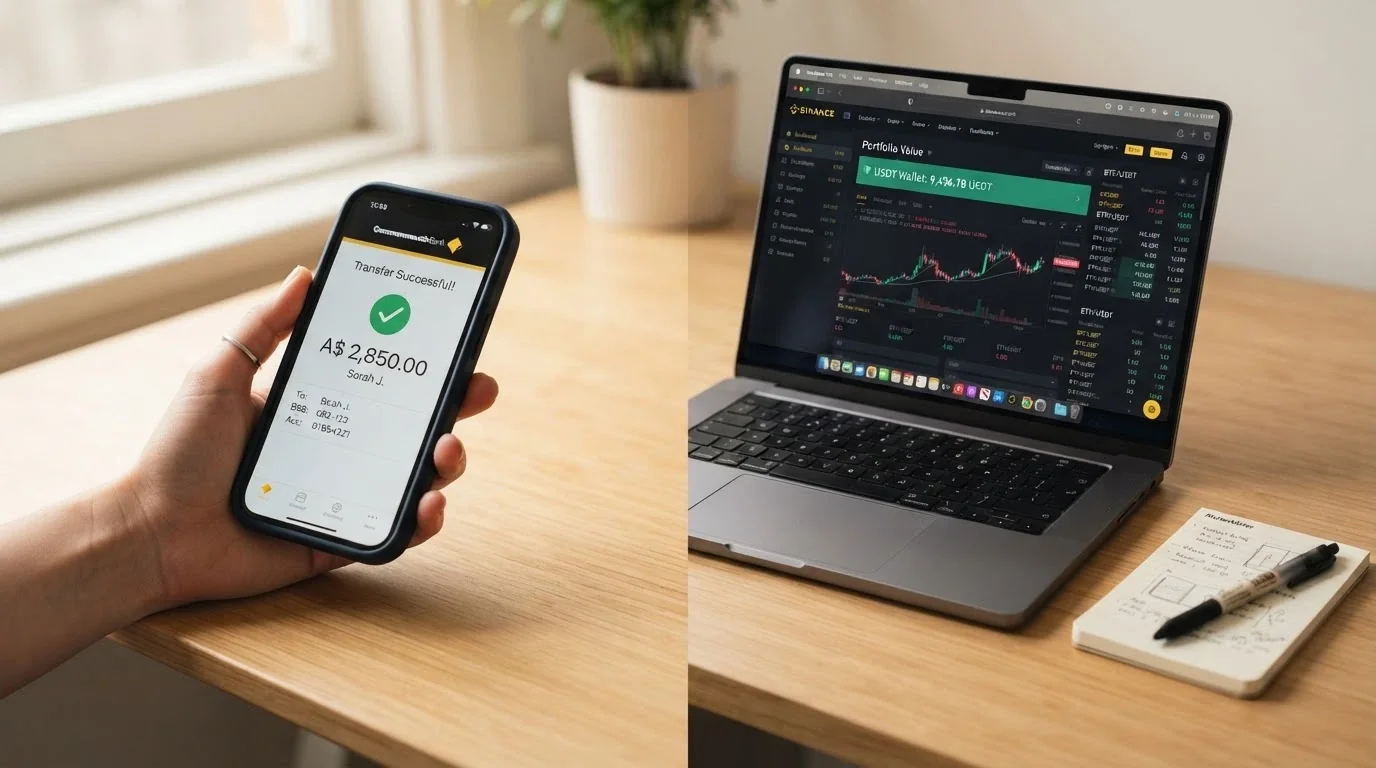 A split-screen showing an Australian bank app on one side transferring AUD to a crypto exchange, and the exchange interface displaying a USDT balance on the other